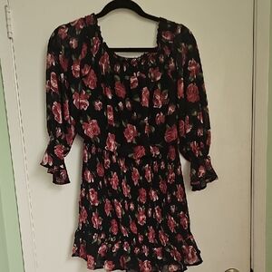 Lulu Black Floral Dress With Elastic Waist, Ruffle Trip On Bottom & Sleeve Small